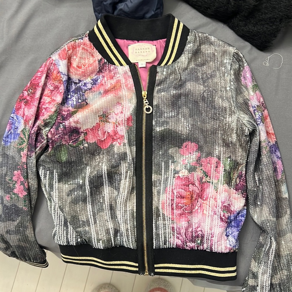 Hannah Banana Pink Floral Sequin Jean Jacket